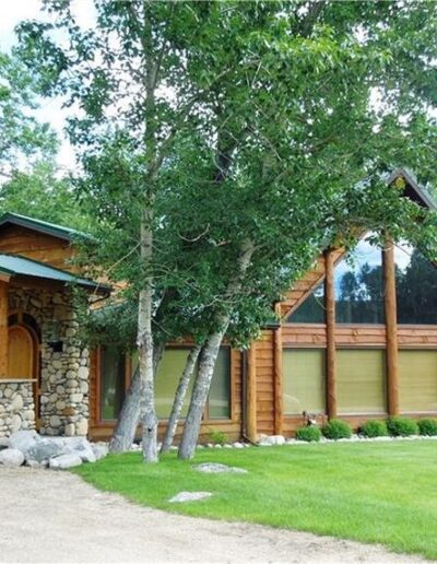 A log cabin in the middle of a wooded area.